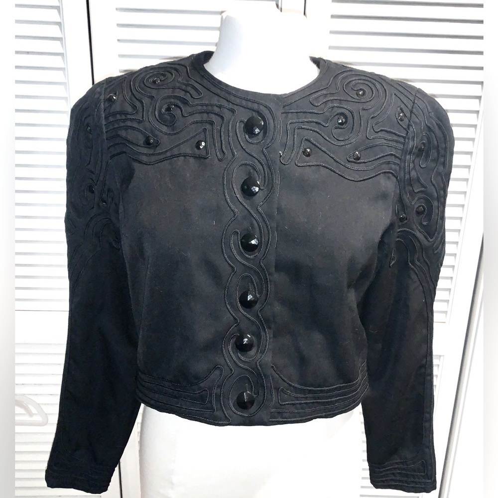 Vintage 80s Black Cropped Blazer Embroidered Beaded Marie St Claire 8